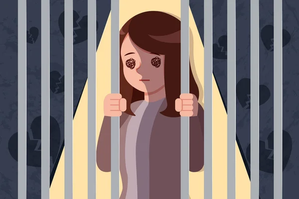 Femme Bouleversée Déprimée Piégée Dans Une Prison — Image vectorielle