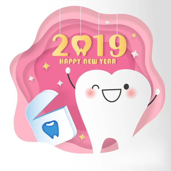 Feliz Año Nuevo Concepto Diente Dibujos Animados Hilo Dental Con — Archivo Imágenes Vectoriales