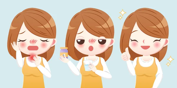 Cartoon Woman Suffer Sore Throat Feel Better Eating Medicine — Stock Vector