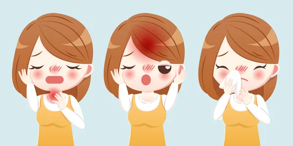 Mulher Dos Desenhos Animados Doente Espirrar Com Papel Tissue —  Vetores de Stock