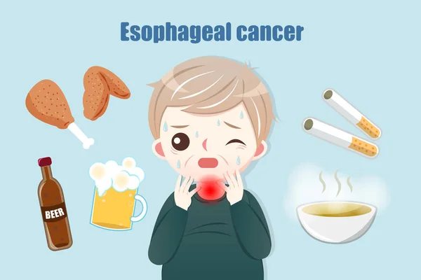 卡通中年男子患有容易导致食道癌的食物 喉咙痛 — 图库矢量图片