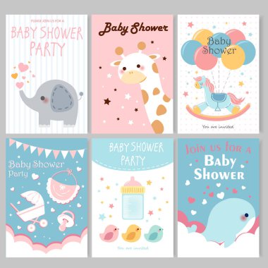 sevimli çizgi bebek duş davetiye ve posterler pastel renklerde