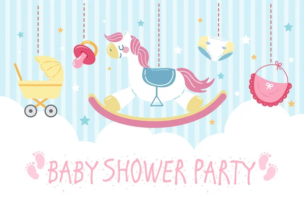 Niedlichen Cartoon Baby Dusche Einladungskarte Mit Spielzeug — Stockvektor