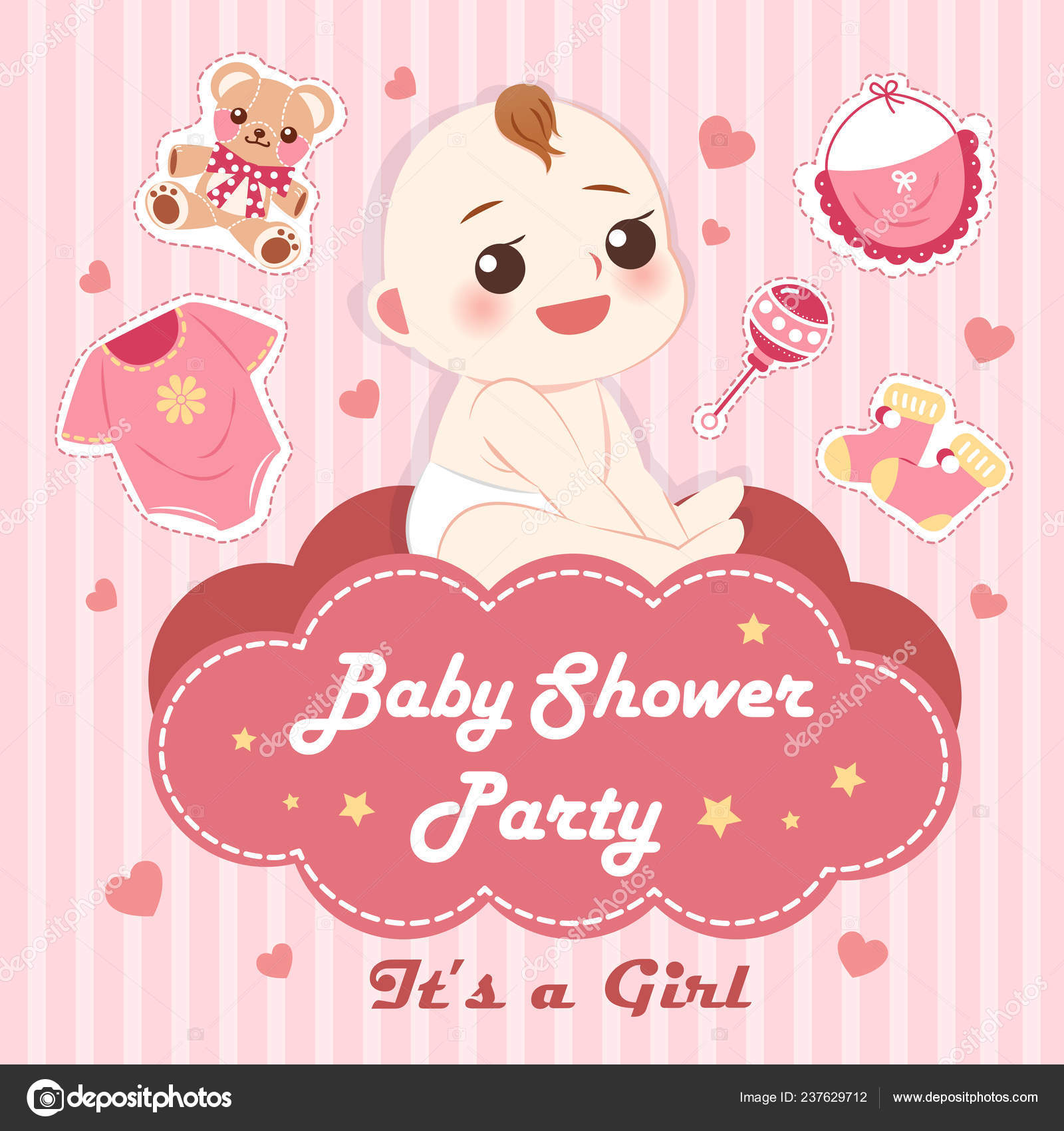Cute Cartoon Girl Baby Shower Invitation Card Toys Pink Background Cute Cartoon Girl And Baby Shower Invitation Card With Toys On Pink Background Vector By