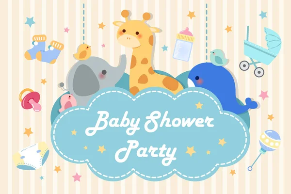 可爱的卡通婴儿淋浴邀请卡与动物和玩具在黄色背景 — 图库矢量图片