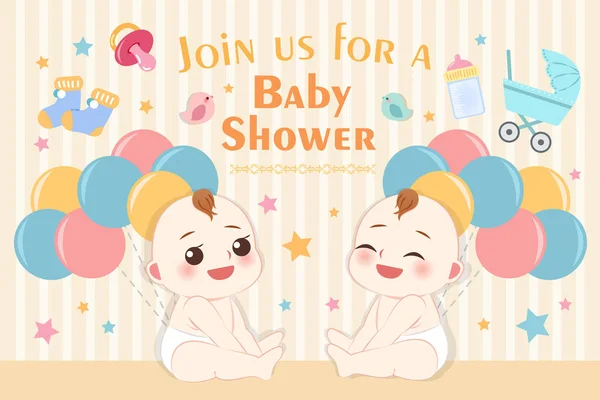 Niedlichen Cartoon Baby Dusche Einladungskarte Mit Zwei Babys Auf Gelbem — Stockvektor