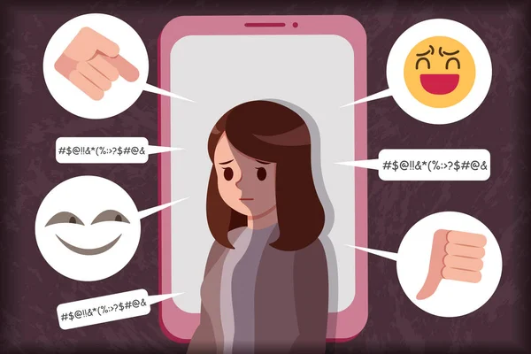 Triste Fille Cyber Bulling Par Téléphone Portable — Image vectorielle