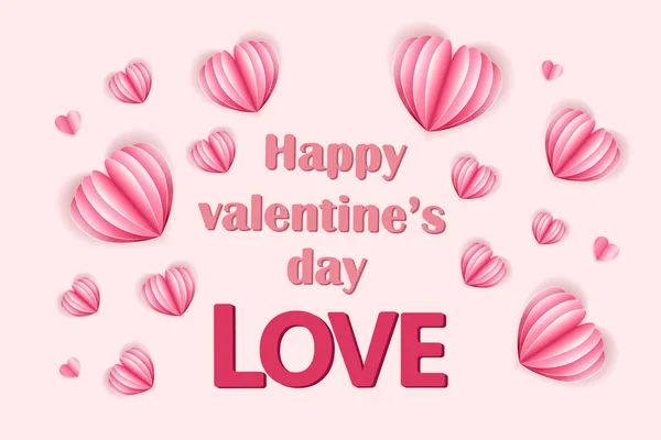 Valentinstag Karte Mit Fliegenden Herzen Aus Papier Auf Rosa Hintergrund — Stockvektor