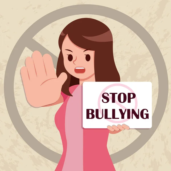 Serious Woman Hold Placard Write Stop Bullying — Stock Vector