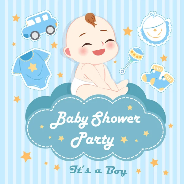 Roztomilý Kreslený Chlapec Baby Sprcha Pozvánky Hračkami Modrém Pozadí — Stockový vektor
