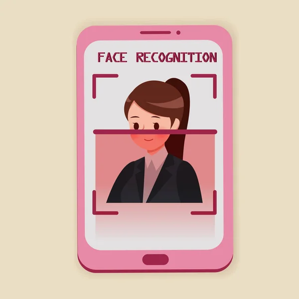 Woman Use Smart Phone Unlocking Biometric Facial Identification — Stock Vector