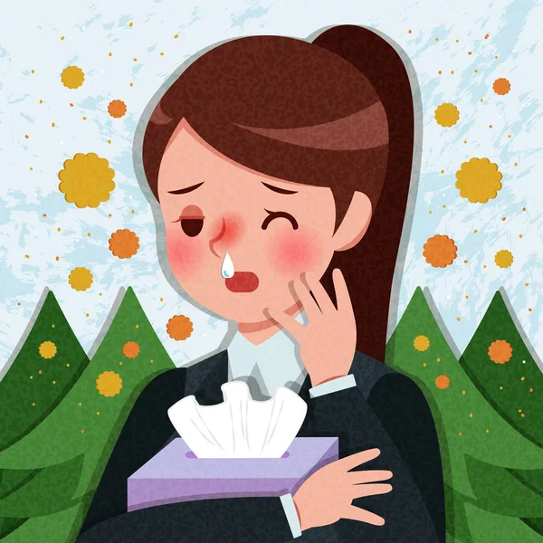 青の背景に花粉コンセプト漫画女性アレルギー — ストックベクタ