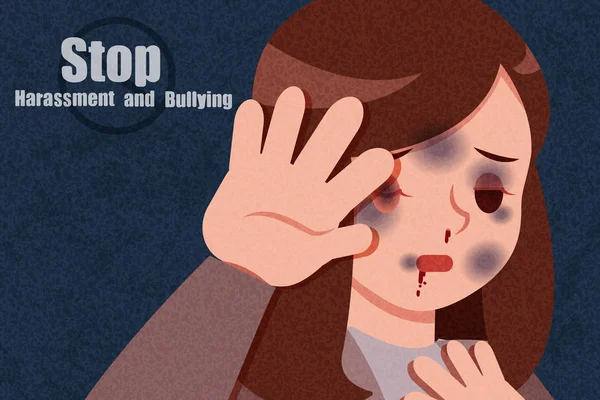 Violencia Dibujos Animados Contra Mujer Sienten Asustados Fondo Oscuro — Vector de stock