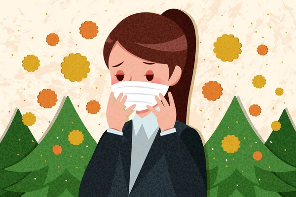 Wanita Kartun Dengan Hay Fever Konsep Pada Latar Belakang Kuning - Stok Vektor