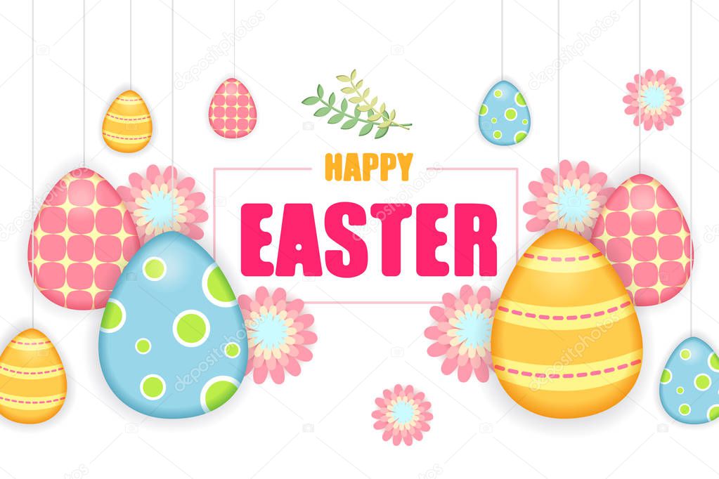 Happy easter template with colorful eggs on withe background