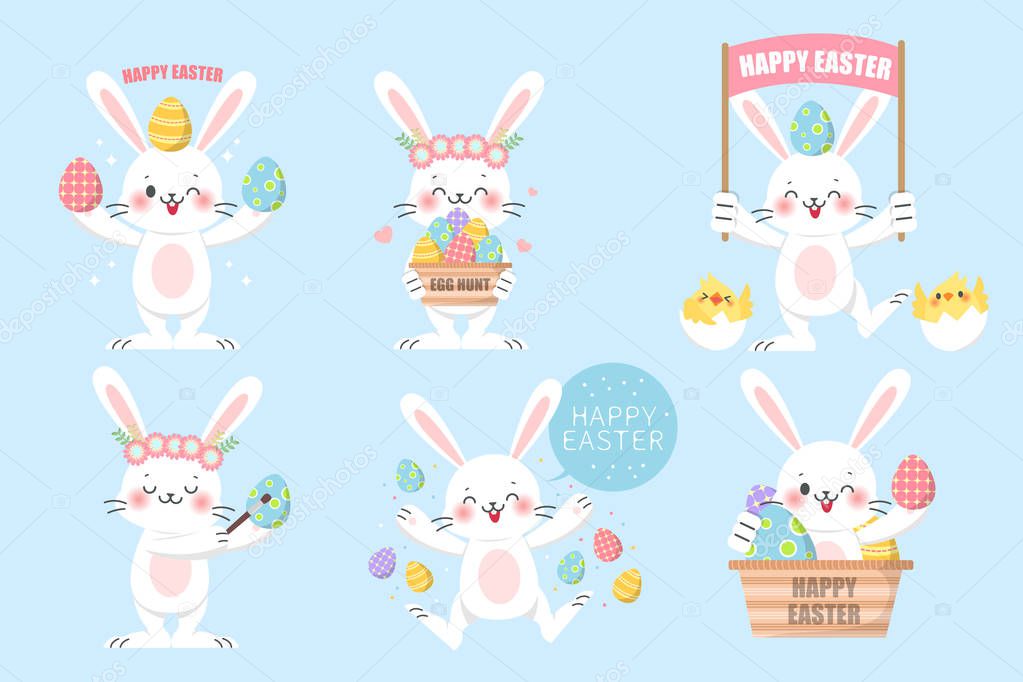 Set of cute Easter rabbits with Easter eggs and banners