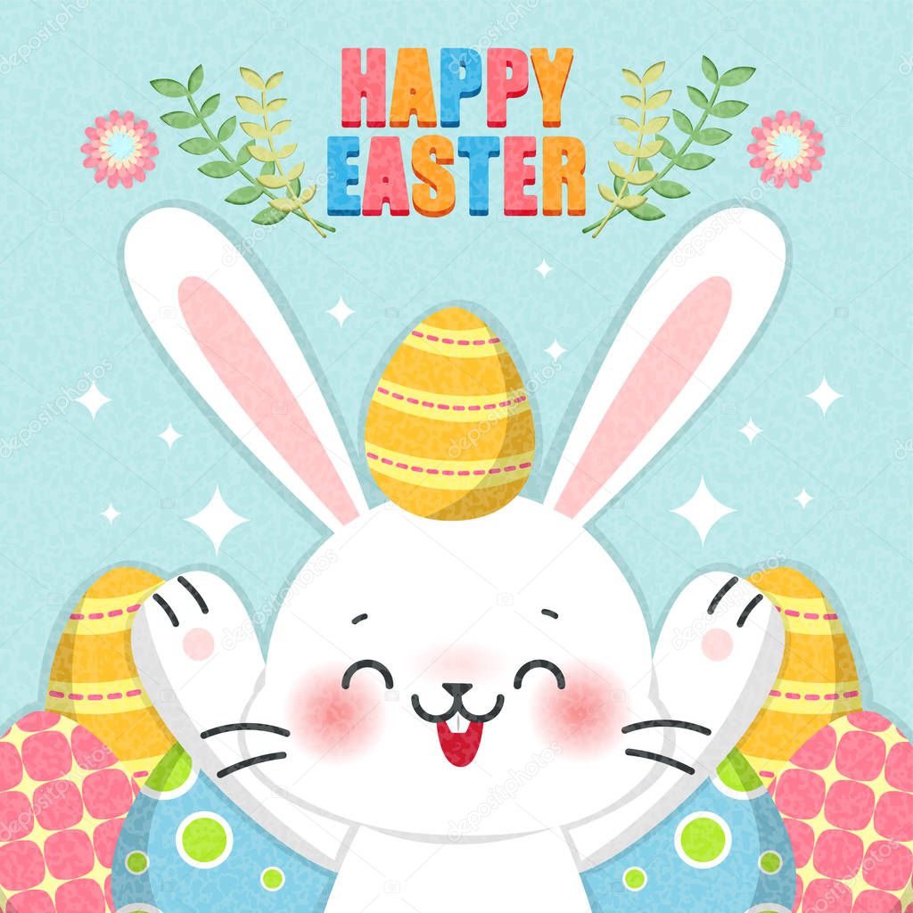 cute happy easter cartoon rabbit with colorful eggs on green background