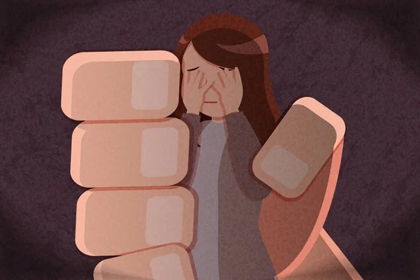大きな手をつかむ嫌がらせやいじめの概念を持つ女性 — ストックベクタ