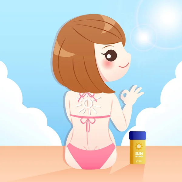 Carino cartone animato donna con crema solare — Vettoriale Stock