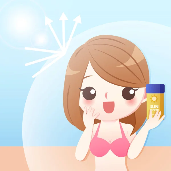 Carino cartone animato donna con crema solare — Vettoriale Stock