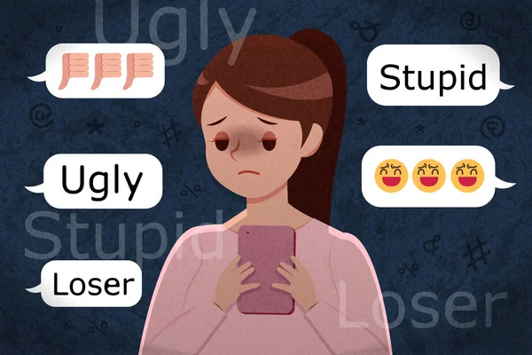 Sad girl getting cyber bullying — Stock Vector