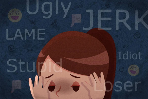 Chica triste recibiendo acoso cibernético — Vector de stock