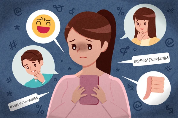 Gadis sedih mendapatkan intimidasi dunia maya Stok Ilustrasi 