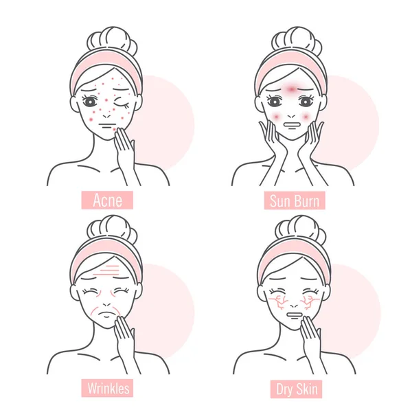 Mujer tiene problemas en la piel facial — Vector de stock