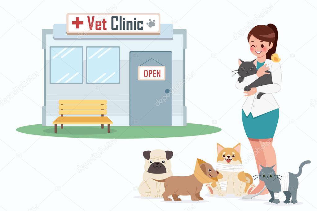 smiling veterinarian doctor with dogs and cat near her with vet clinic