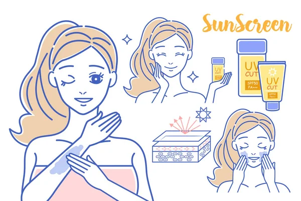 Beauté dessin animé femme avec écran solaire — Image vectorielle