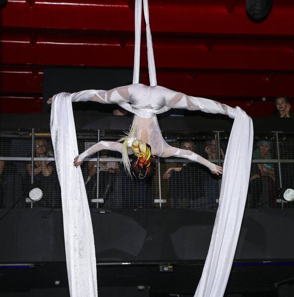 YOSHKAR-OLA, RUSSIA, DECEMBER 08, 2018: Dance and acrobatic show - love is 2018, from CrazyPole dance and aerial acrobatics Studio.