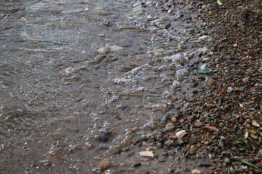 Deniz çakıl ve dalgalar. berrak su altındaki çakıl taşları ile kıyıya yakın. Dalgalar deniz kıyısında çökmesini ve sahil çakıl akan.