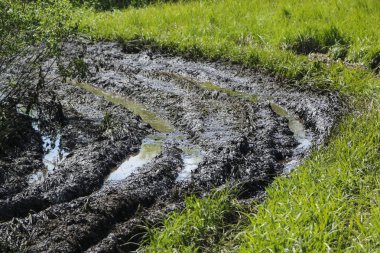 kirli ülke yol ıslak toprak, imkansızı. çamur ve su birikintileri toprak yol üzerinde. Traktörler ve otomobil izlemeler.