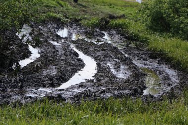 kirli ülke yol ıslak toprak, imkansızı. çamur ve su birikintileri toprak yol üzerinde. Traktörler ve otomobil izlemeler.