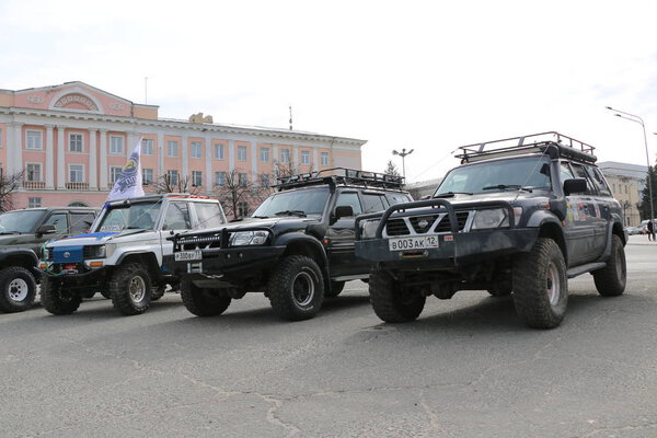 YOSHKAR-OLA, RUSSIA - MAY 5, 2018: Exhibition of jeeps of off-road vehicles modified and equipped with winches in  central square of  city.