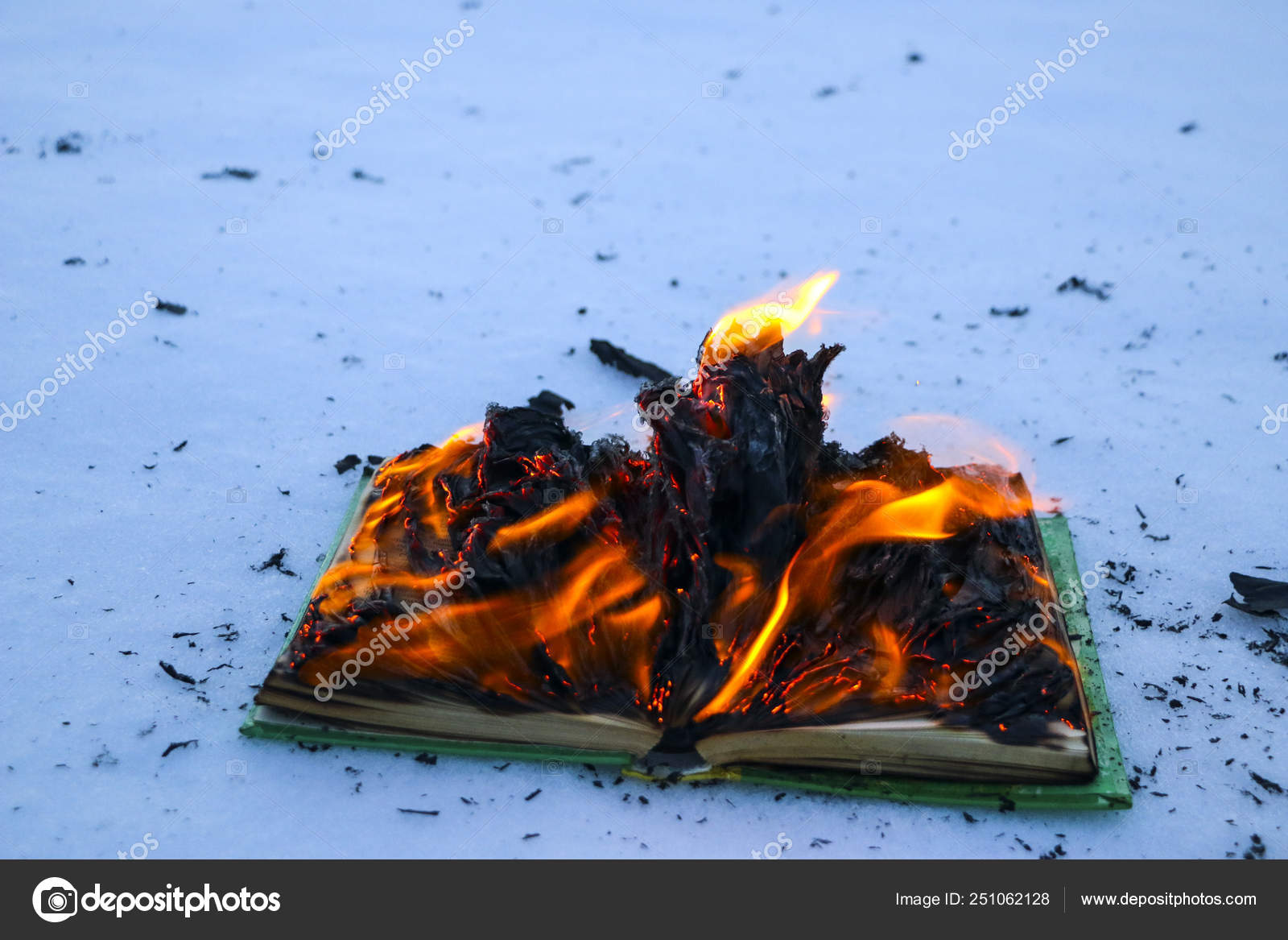 Burning book in snow. pages with the text in open book burn wi Stock