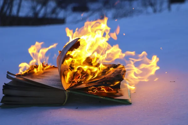 Livro em chamas na neve. páginas com o texto em livro aberto queimar com chama brilhante . — Fotografia de Stock