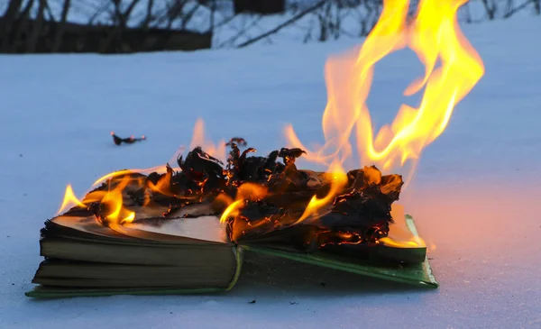 Égető könyv a hóban. oldalak-val szöveg nyitott könyv írása, wi — Stock Fotó
