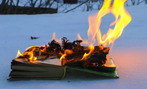 Livro em chamas na neve. páginas com o texto em livro aberto queimar wi — Fotografia de Stock