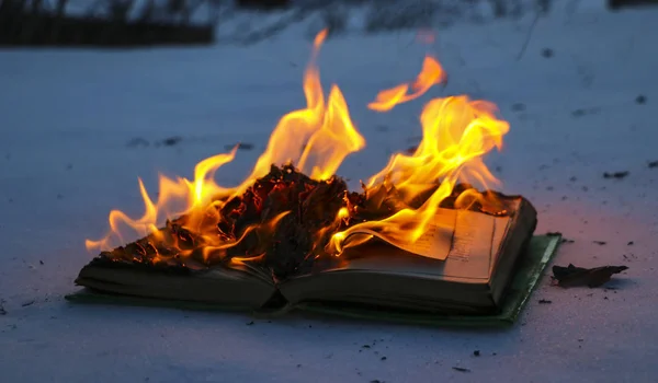 Brandende boek in de sneeuw. pagina's met de tekst in open boek branden wi — Stockfoto