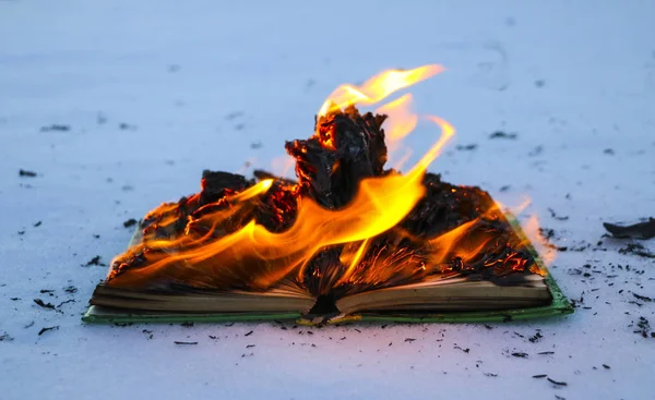 burning book in  snow. pages with the text in  open book burn wi