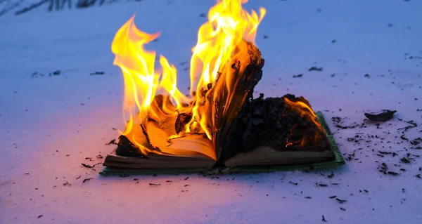 Палаюча книга в снігу. сторінки з текстом у відкритій книзі спалюють wi — стокове фото