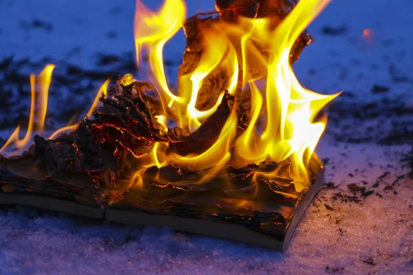 Brûler un livre dans la neige. pages avec le texte en livre ouvert graver wi — Photo