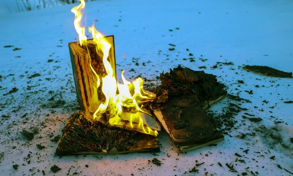 Brûler un livre dans la neige. pages avec le texte en livre ouvert graver wi — Photo