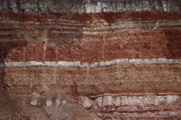 Texture of different layers of clay underground in  clay quarry after geological study of soil. — Stock Photo, Image