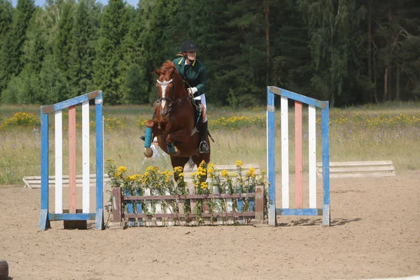Yoshkar-Ola, RUSSIA, 29 de julho de 2018: Corrida de cavalos e salto — Fotografia de Stock