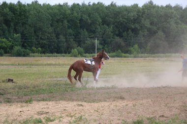 Yoshkar-Ola, Rusya, 29 Temmuz 2018: At yarışı ve atlama 