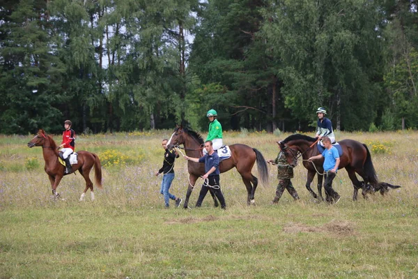 Yoshkar-Ola, RUSSIA, 29 de julho de 2018: Corrida de cavalos e salto — Fotografia de Stock