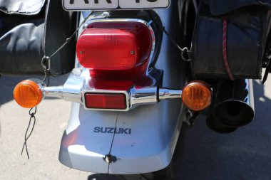 Kazan, Rusya, 26 Mayıs 2018: Motosiklet sezonu - otomatik-motor gösteri açılışı. Farlar, farları ve yan dönüş sinyalleri motosiklet.