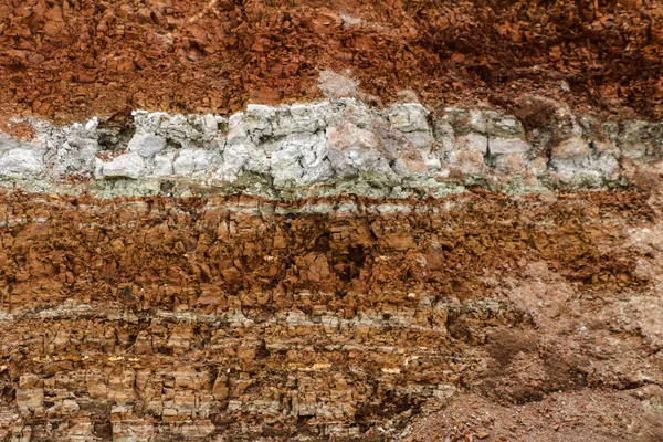 Textura de diferentes camadas de argila subterrânea em pedreira de argila após estudo geológico do solo . — Fotografia de Stock